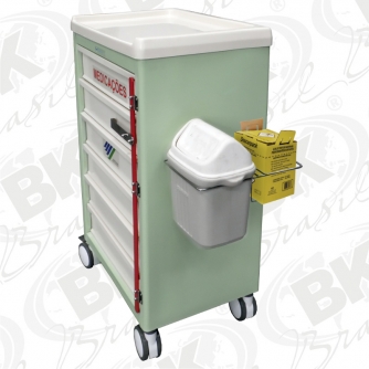BKMP 009 - CARRO DE MEDICAÇÕES 06 GAVETAS - COM SUPORTE AÇO INOXIDÁVEL PARA LIXEIRA E CAIXA DE PERFURO CORTANTES